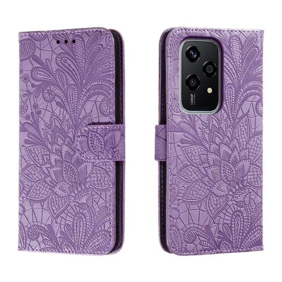 Custodia per cellulare in pelle con vibrazione in rilievo globale con fiori in pizzo per Honor 200 Lite (viola)