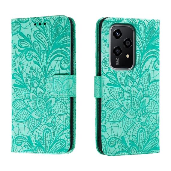 Custodia per cellulare in pelle con vibrazione in rilievo globale con fiori in pizzo per Honor 200 Lite (verde)