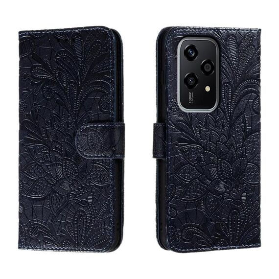 Custodia per telefono in pelle con stampa a fiori in pizzo globale per Honor 200 Lite (blu scuro)