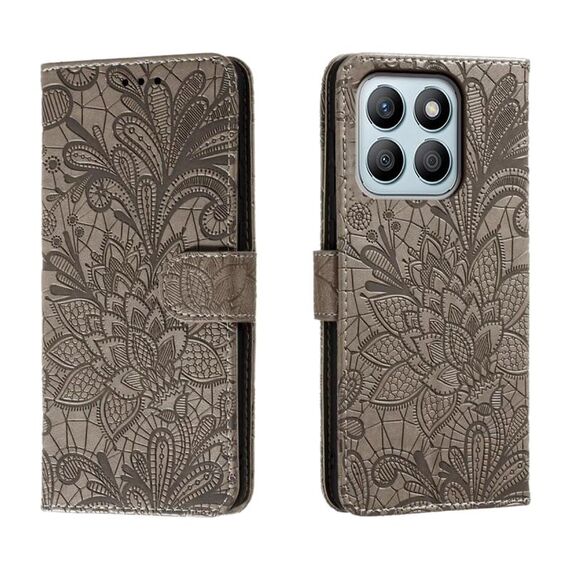 Custodia per cellulare in pelle con vibrazione in rilievo con fiori in pizzo per Honor X8B (grigio)