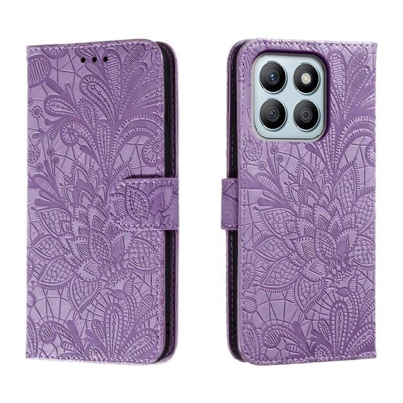 Custodia per cellulare in pelle con vibrazione in rilievo con fiori in pizzo per Honor X8B (viola)