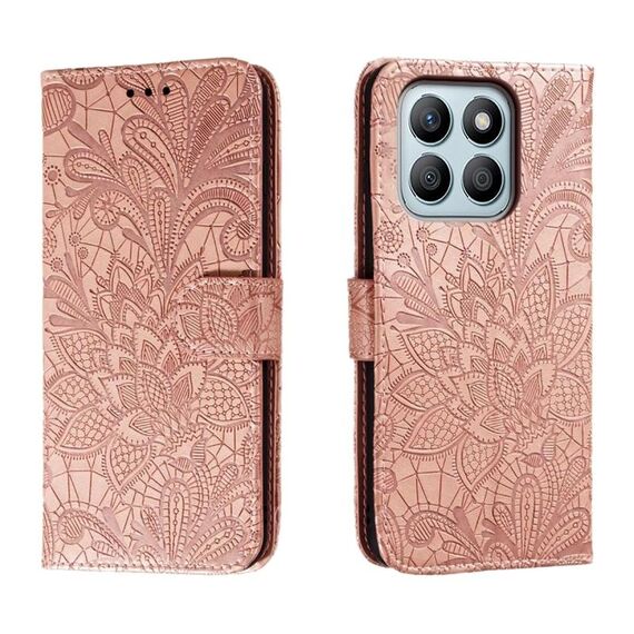 Custodia per cellulare in pelle con vibrazione in rilievo con fiori in pizzo per Honor X8B (oro rosa)