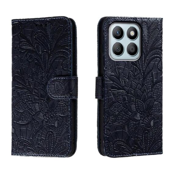 Custodia per cellulare in pelle con vibrazione in rilievo con fiori in pizzo per Honor X8B (blu scuro)
