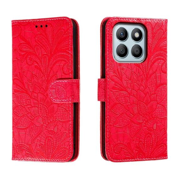 Custodia per cellulare in pelle con vibrazione in rilievo con fiori in pizzo per Honor X8B (rossa)