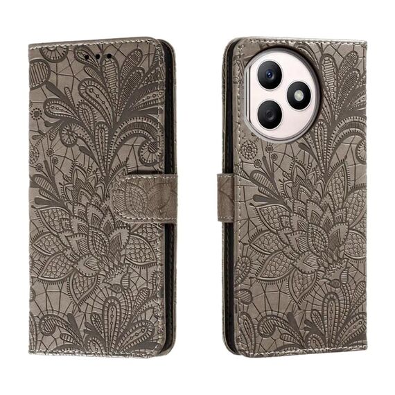 Custodia per cellulare in pelle con vibrazione in rilievo con fiori in pizzo per Honor X50i+ (grigio)