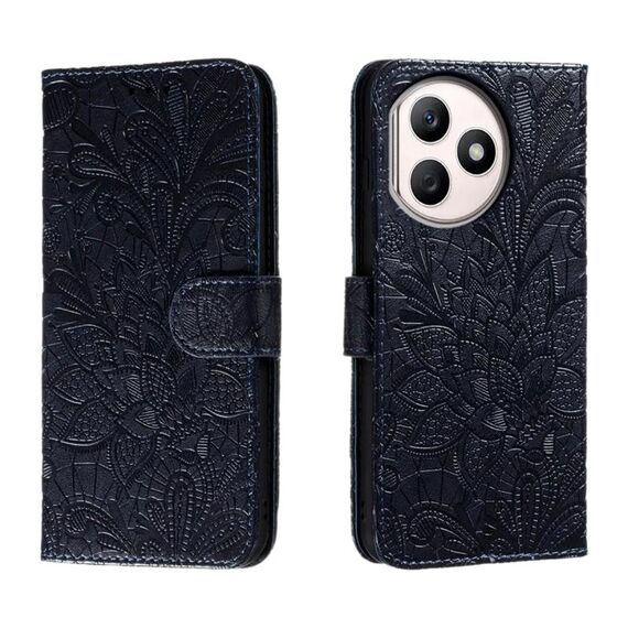 Custodia per cellulare in pelle con vibrazione in rilievo con fiori in pizzo per Honor X50i+ (blu scuro)