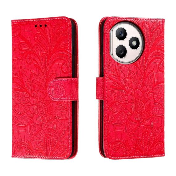 Custodia per cellulare in pelle con vibrazione in rilievo con fiori in pizzo per Honor X50i+ (rossa)