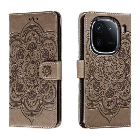 Custodia in pelle per telefono con motivo in rilievo Sun Mandala per vivo iQOO 12 (grigio)