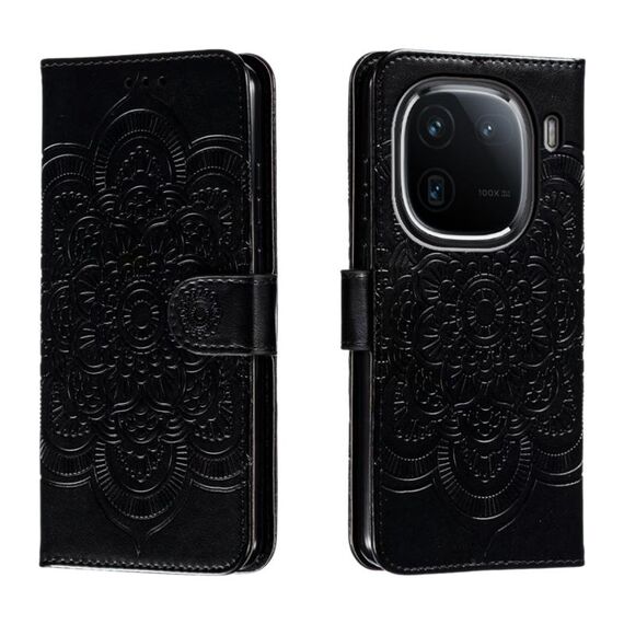 Custodia in pelle per telefono con motivo in rilievo Sun Mandala per vivo iQOO 12 (nera)