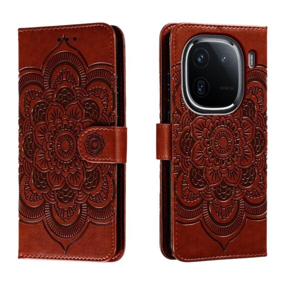 Custodia in pelle per telefono con motivo in rilievo Sun Mandala per vivo iQOO 12 (marrone)