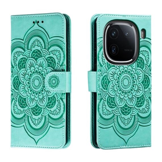 Custodia in pelle per telefono con motivo in rilievo Sun Mandala per vivo iQOO 12 (verde)