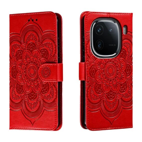 Custodia in pelle per telefono con motivo in rilievo Sun Mandala per vivo iQOO 12 Pro (rosso)