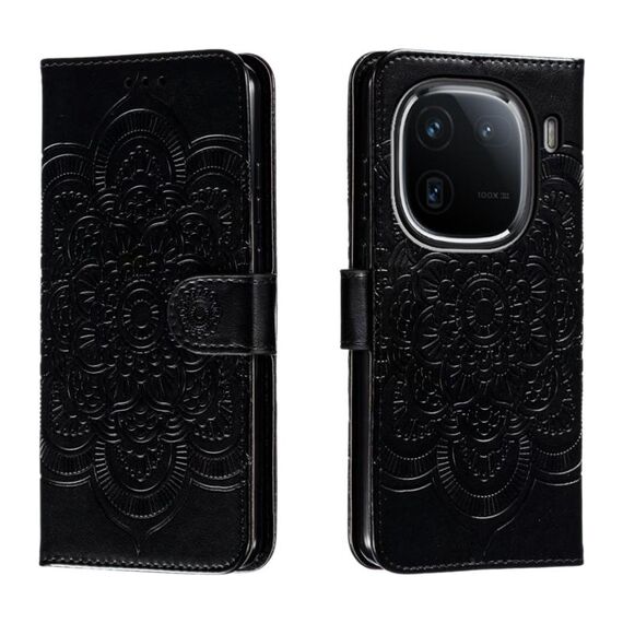 Custodia in pelle per telefono con motivo in rilievo Sun Mandala per vivo iQOO 12 Pro (nera)