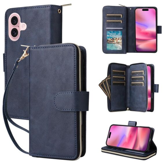 Per iPhone 16 9 slot per schede Custodia a portafoglio con cerniera Custodia in pelle per telefono (blu)
