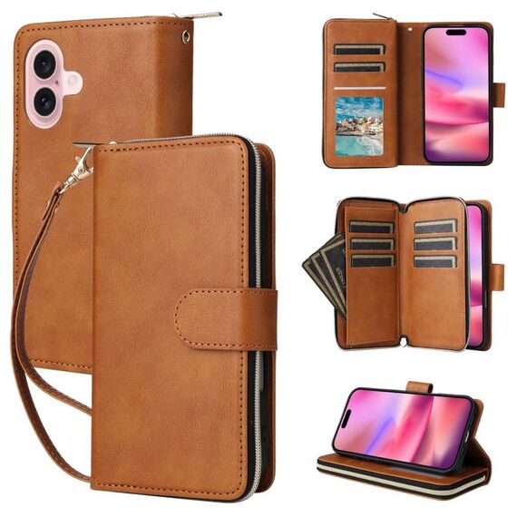Cover per iPhone 16  a portafoglio con cerniera e 9 slot per carte marrone EDA005483208E