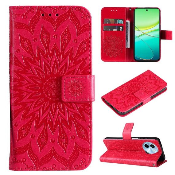 Custodia per cellulare in pelle con motivo girasole goffrato globale per vivo Y38 / Y200i / T3x (rossa)