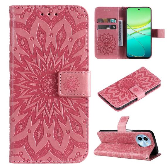 Custodia per telefono in pelle flip con motivo girasole in rilievo globale per vivo Y38 / Y200i / T3x (rosa)