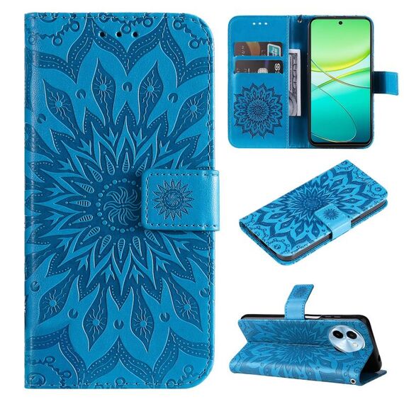 Per vivo Y38 / Y200i / T3x Custodia per cellulare in pelle con motivo girasole in rilievo globale (blu)