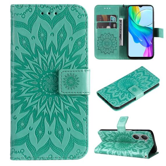 Custodia per cellulare in pelle con motivo girasole goffrato per vivo Y03 4G (verde)