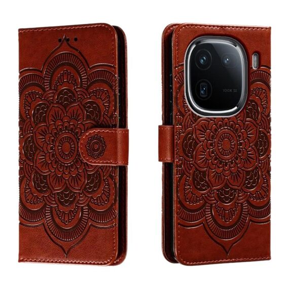 Per vivo iQOO 12 Pro Custodia in pelle con motivo a rilievo Sun Mandala (marrone)