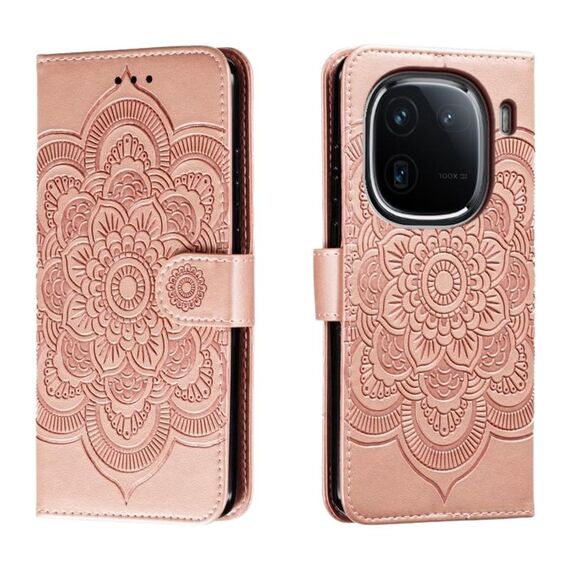 Custodia in pelle per telefono con motivo in rilievo Sun Mandala per vivo iQOO 12 Pro (oro rosa)