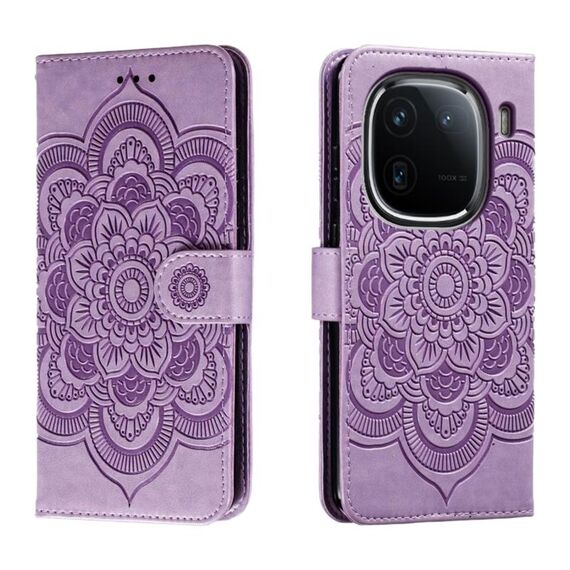 Custodia in pelle per telefono con motivo in rilievo Sun Mandala per vivo iQOO 12 Pro (viola)
