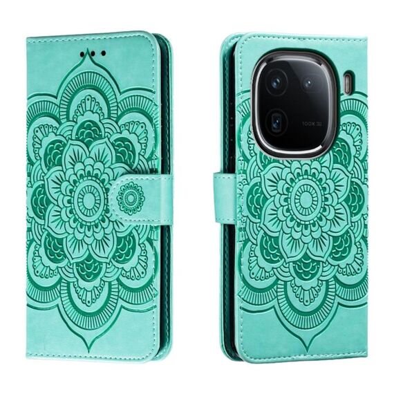 Per vivo iQOO 12 Pro Custodia in pelle con motivo a rilievo Sun Mandala (verde)