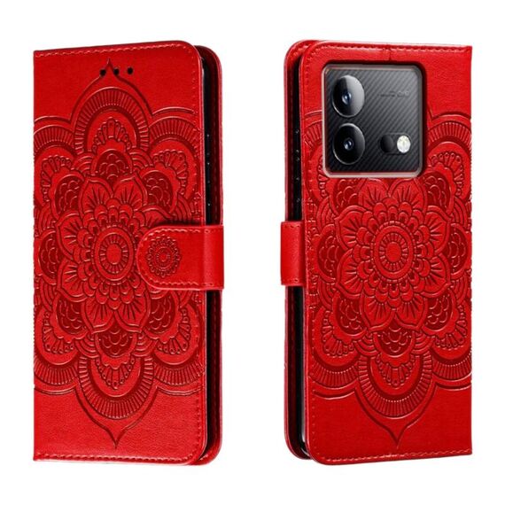 Custodia in pelle per telefono con motivo in rilievo Sun Mandala per vivo iQOO Neo8 (rosso)