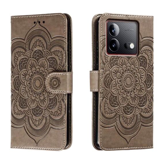 Custodia in pelle per telefono con motivo in rilievo Sun Mandala per vivo iQOO Neo8 (grigio)