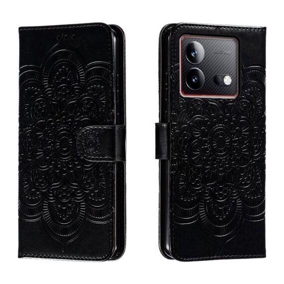 Custodia in pelle per telefono con motivo in rilievo Sun Mandala per vivo iQOO Neo8 (nera)