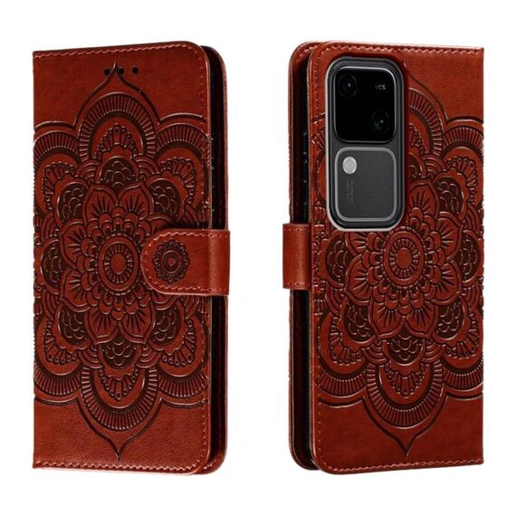 Custodia in pelle per telefono con motivo in rilievo Sun Mandala per vivo S18 (marrone)