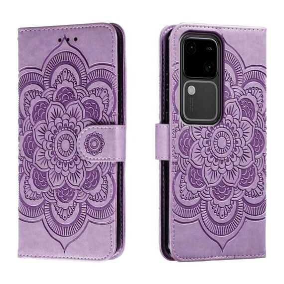 Per vivo S18 Custodia in pelle con motivo a rilievo Sun Mandala (viola)