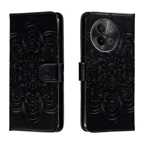 Custodia in pelle per telefono con motivo in rilievo Sun Mandala per vivo S18e (nera)