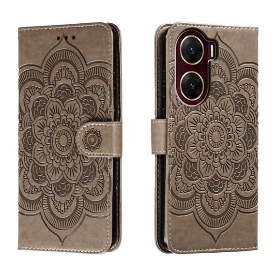 Custodia in pelle per telefono con motivo in rilievo Sun Mandala per vivo V29e (grigio)