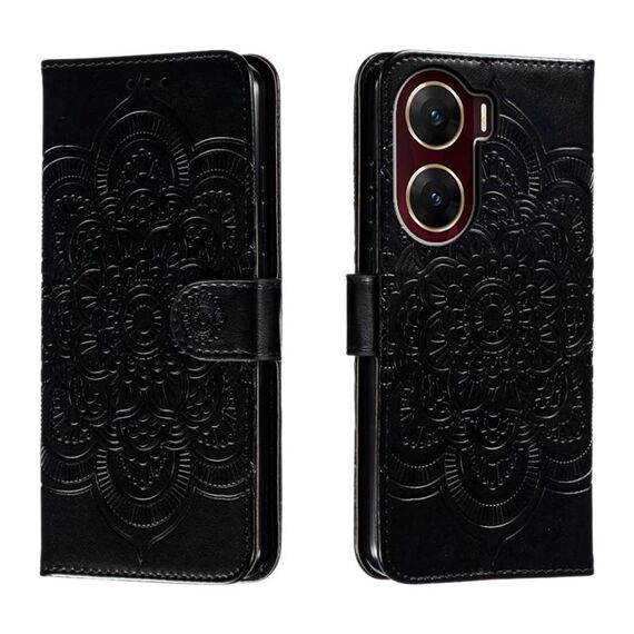 Custodia in pelle per telefono con motivo in rilievo Sun Mandala per vivo V29e (nera)