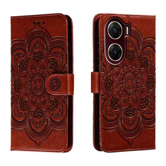 Custodia in pelle per telefono con motivo in rilievo Sun Mandala per vivo V29e (marrone)