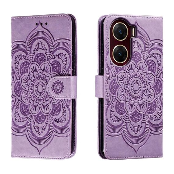 Custodia in pelle per telefono con motivo in rilievo Sun Mandala per vivo V29e (viola)