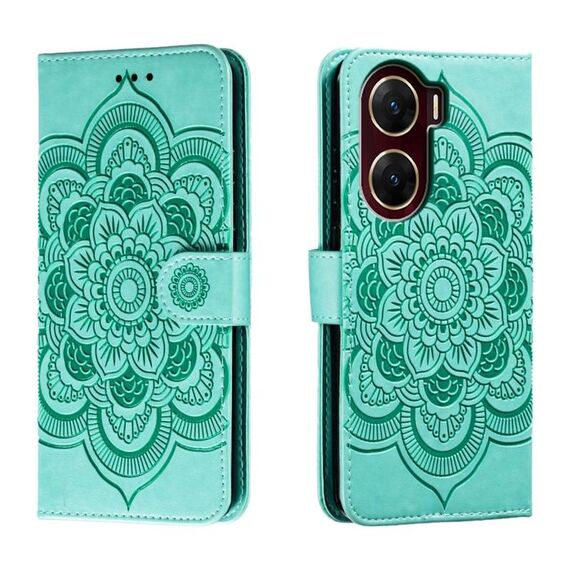 Custodia in pelle per telefono con motivo in rilievo Sun Mandala per vivo V29e (verde)