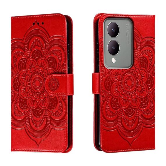 Custodia in pelle per telefono con motivo in rilievo Sun Mandala per vivo Y17S (rosso)