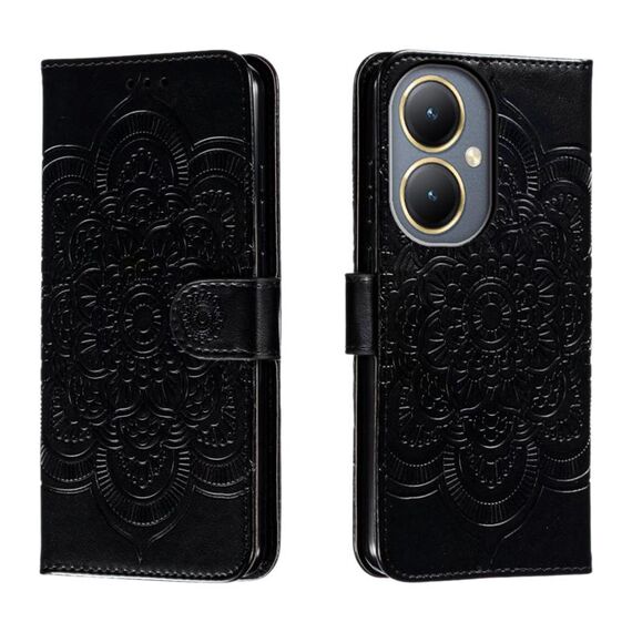 Custodia in pelle per telefono con motivo in rilievo Sun Mandala per vivo Y35M+ (nera)