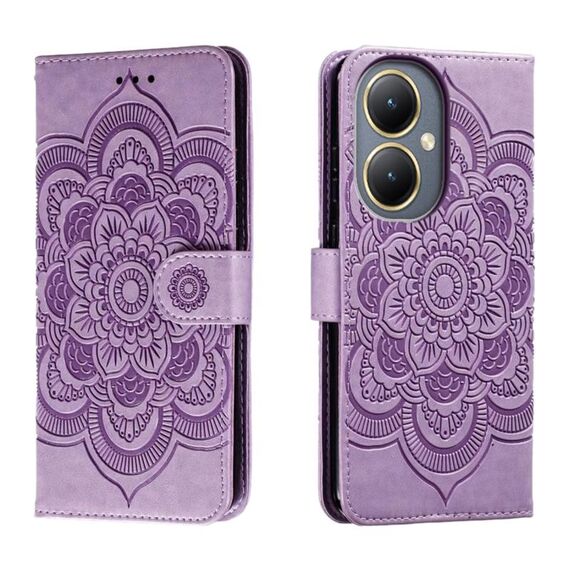 Custodia in pelle per telefono con motivo in rilievo Sun Mandala per vivo Y35M+ (viola)