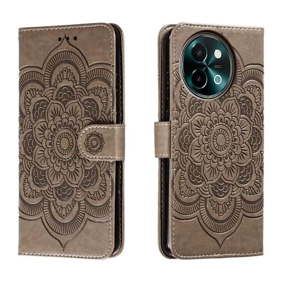 Custodia in pelle per telefono con motivo in rilievo Sun Mandala per vivo Y38 (grigio)