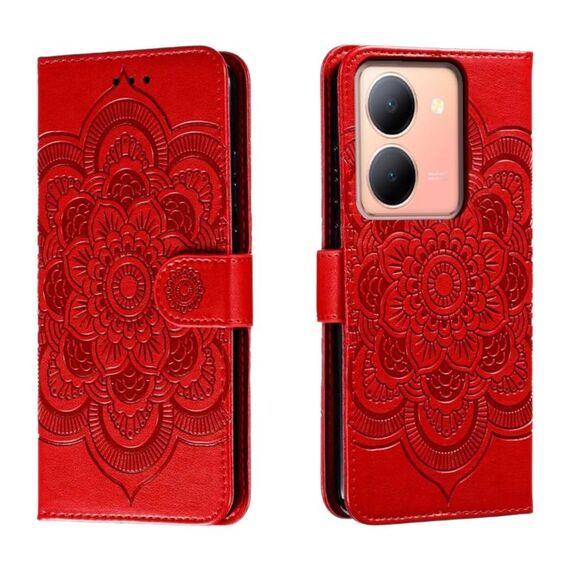 Custodia in pelle per telefono con motivo in rilievo Sun Mandala per vivo Y78 (rosso)