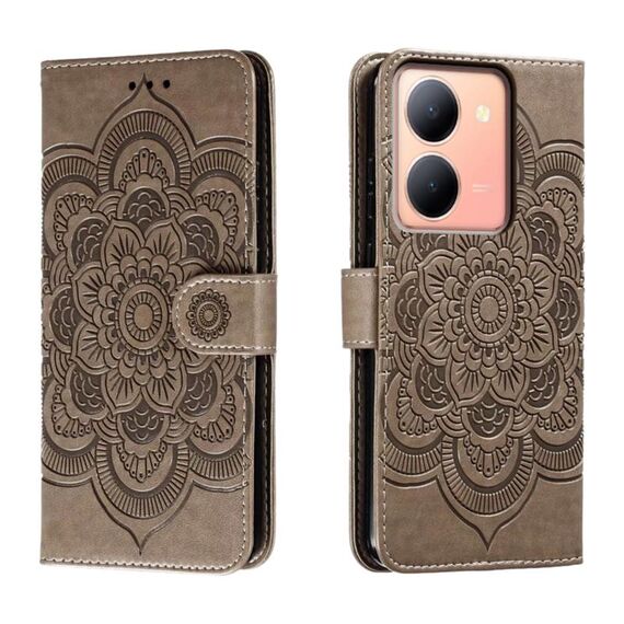 Custodia in pelle per telefono con motivo in rilievo Sun Mandala per vivo Y78 (grigio)