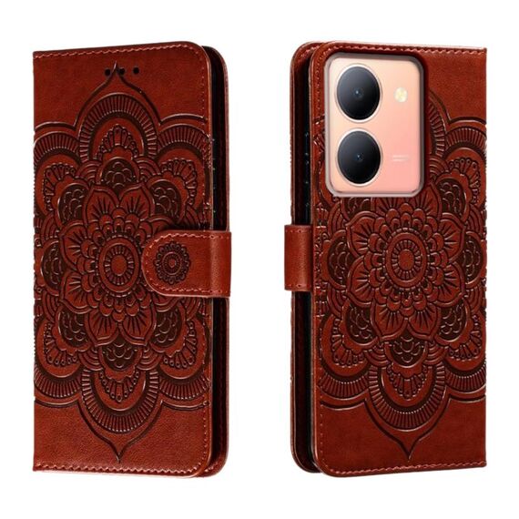Custodia in pelle per telefono con motivo in rilievo Sun Mandala per vivo Y78 (marrone)