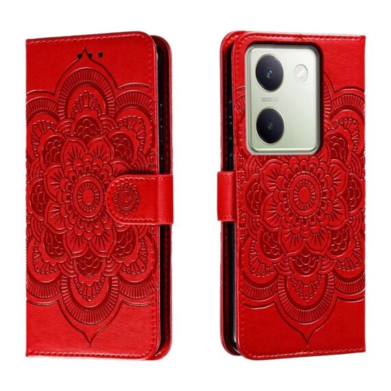 Custodia in pelle per telefono con motivo in rilievo Sun Mandala per vivo Y100 5G (rosso)