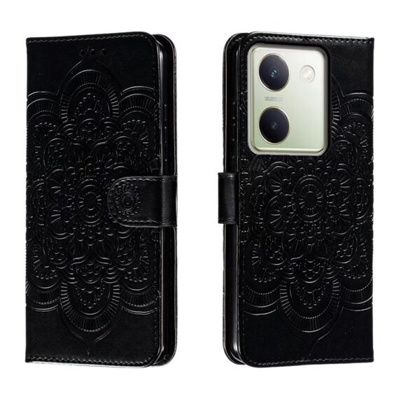 Custodia in pelle per telefono con motivo in rilievo Sun Mandala per vivo Y100 5G (nera)