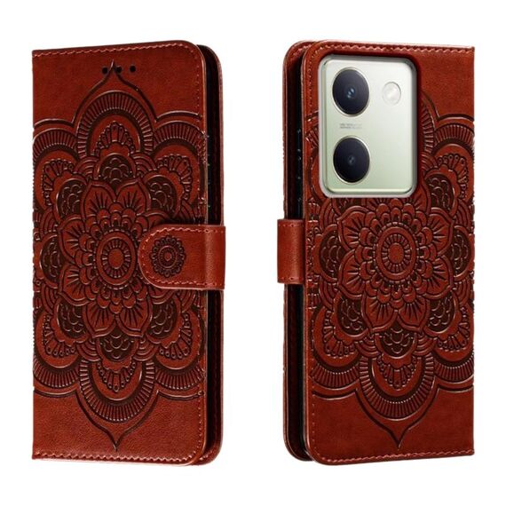 Custodia in pelle per telefono con motivo in rilievo Sun Mandala per vivo Y100 5G (marrone)