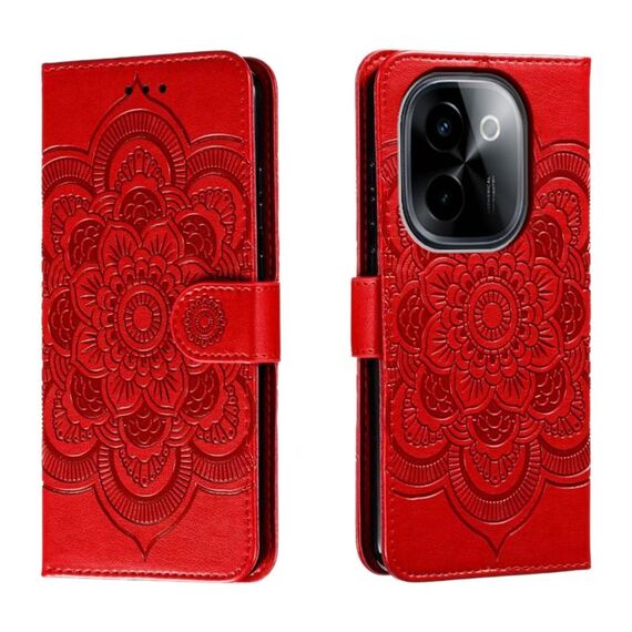 Custodia in pelle per telefono con motivo in rilievo Sun Mandala per vivo Y200 5G (rosso)