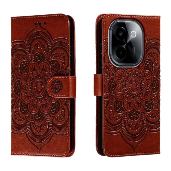 Custodia in pelle per telefono con motivo in rilievo Sun Mandala per vivo Y200 5G (marrone)